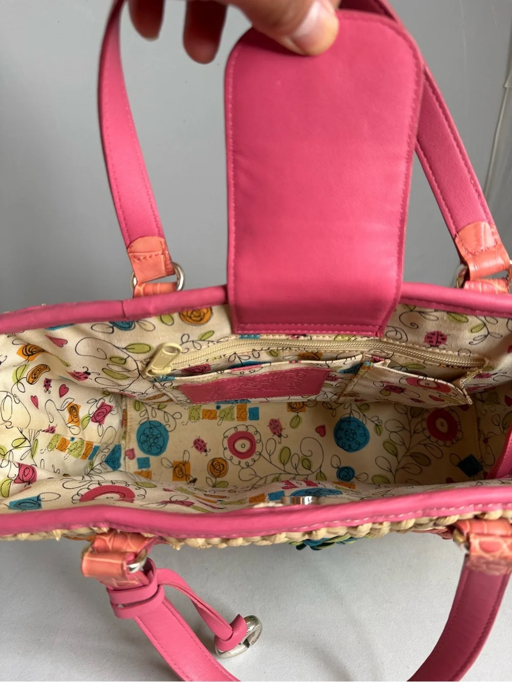 Brighton Beige Straw Tote with Pink Trim and Multicolor leather Floral Appliqués - Picture 5 of 12